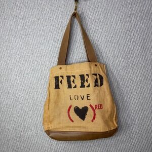 FEED‎ Projects Red Love 30 Burlap Tote Bag Leather Bottom Interior Pockets
